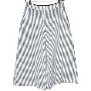 Silvian Heach Women Pants 38 2 Blue Cotton Seersucker Striped Wide Leg Crop High